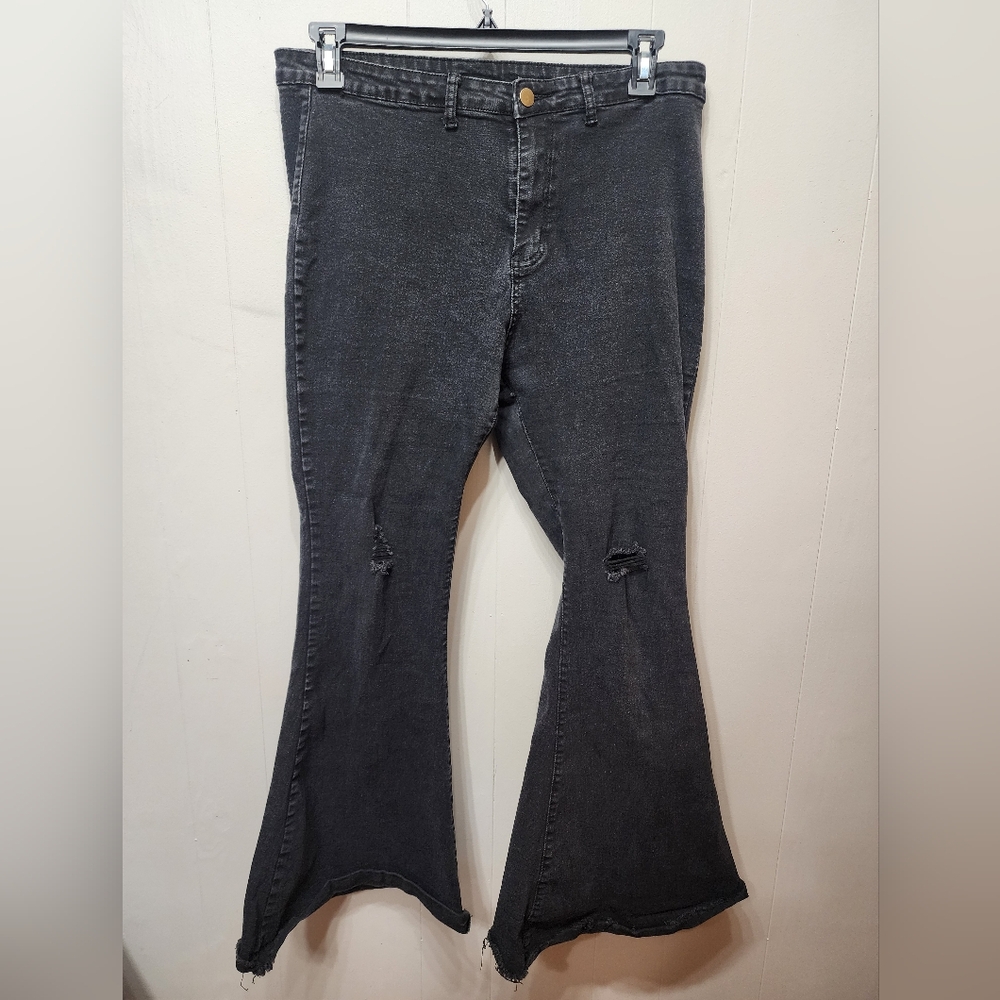 Black Flared Jeans XXL Distressed Knees Bell Bottoms 35"‎ Waist Casual C278Z